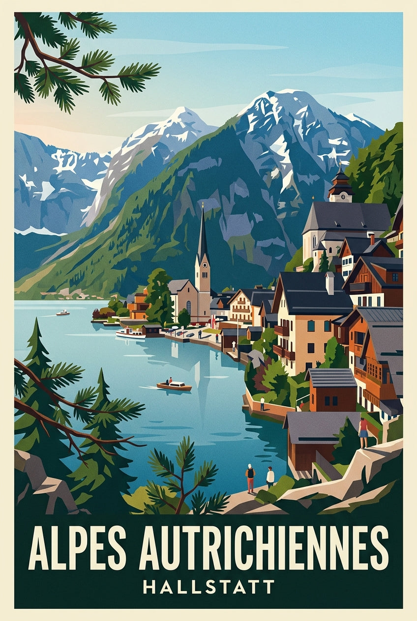 Affiche des Alpes Autrichiennes, village de Hallstatt