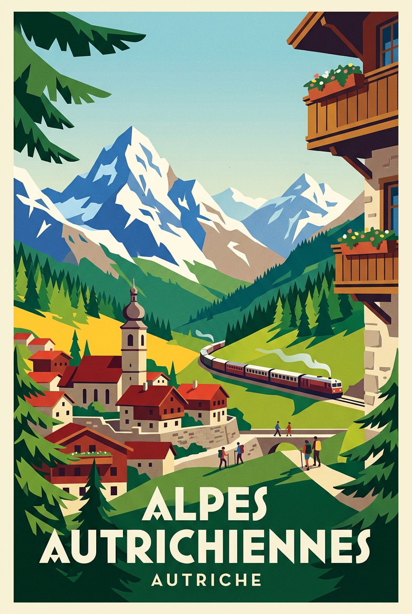 Affiche des Alpes Autrichiennes, village de Hallstatt