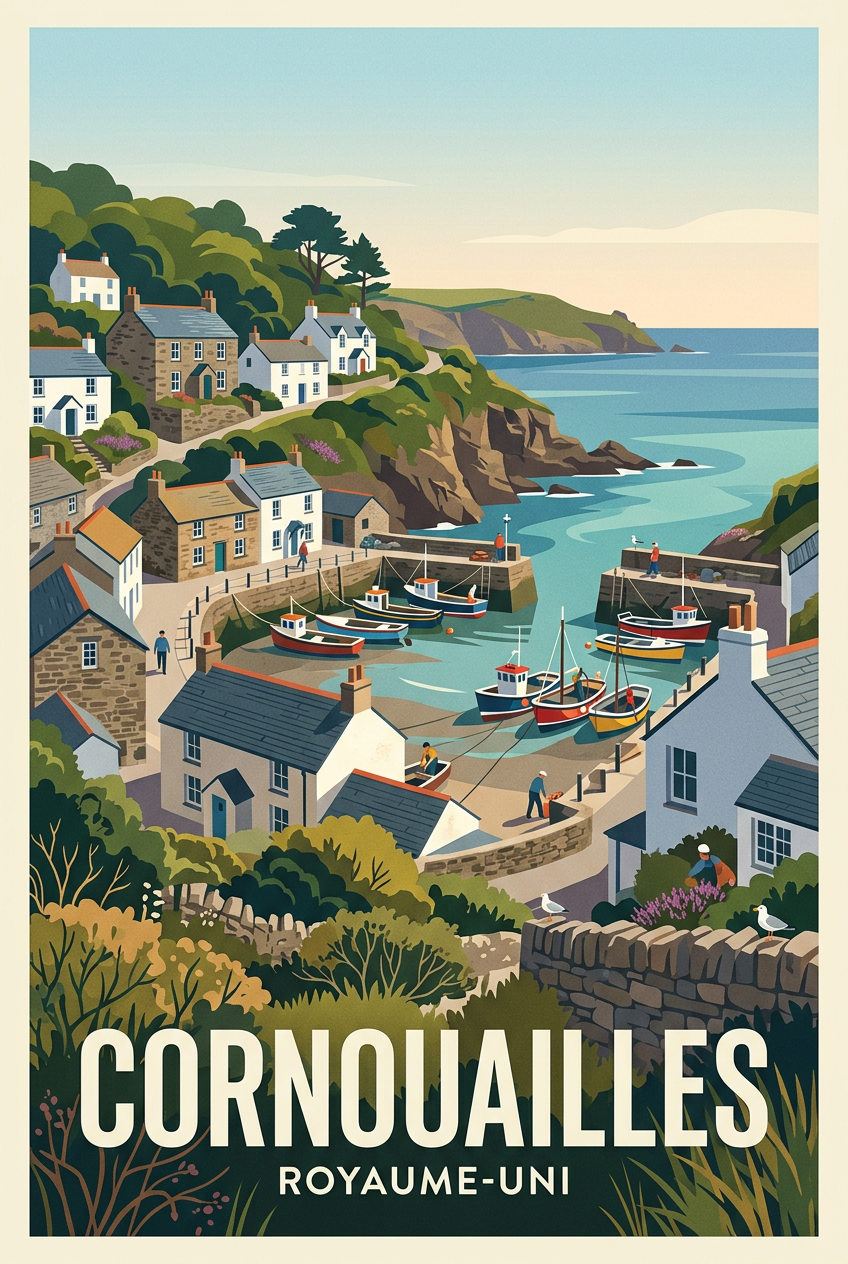 Affiche des Cornouailles, poster village côtier | Afich