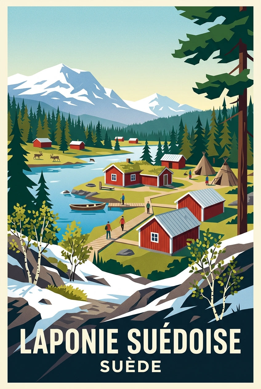Affiche de Laponie suédoise, poster village de neige | Afich