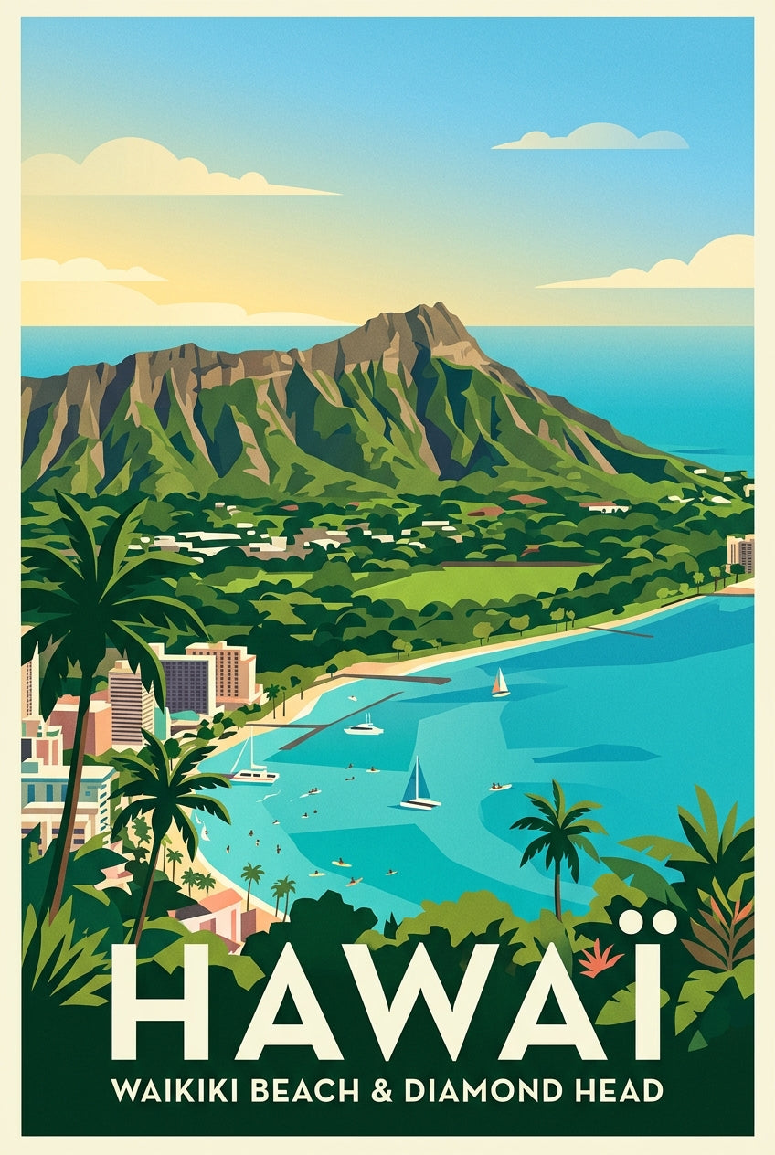 Affiche d'Hawaï, Waikiki Beach et Diamond Head
