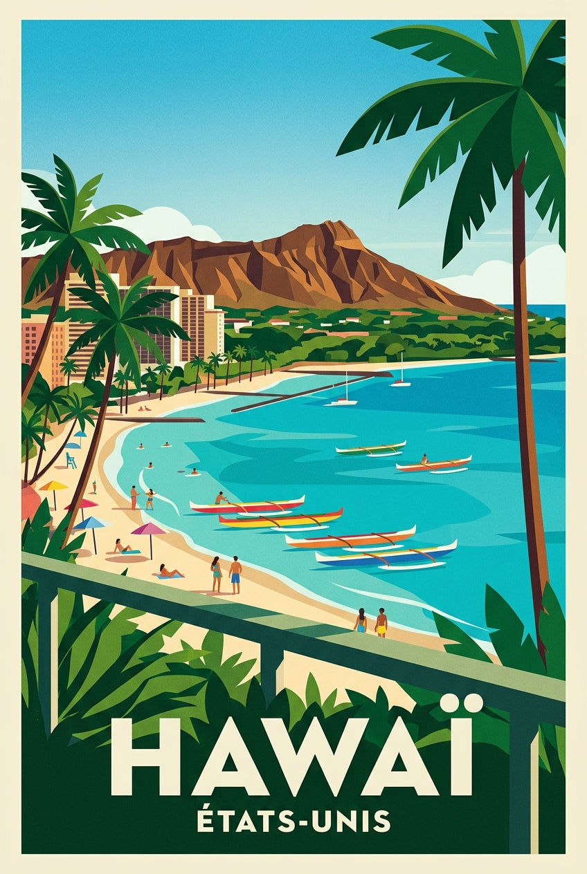 Affiche d'Hawaï, Waikiki Beach et Diamond Head