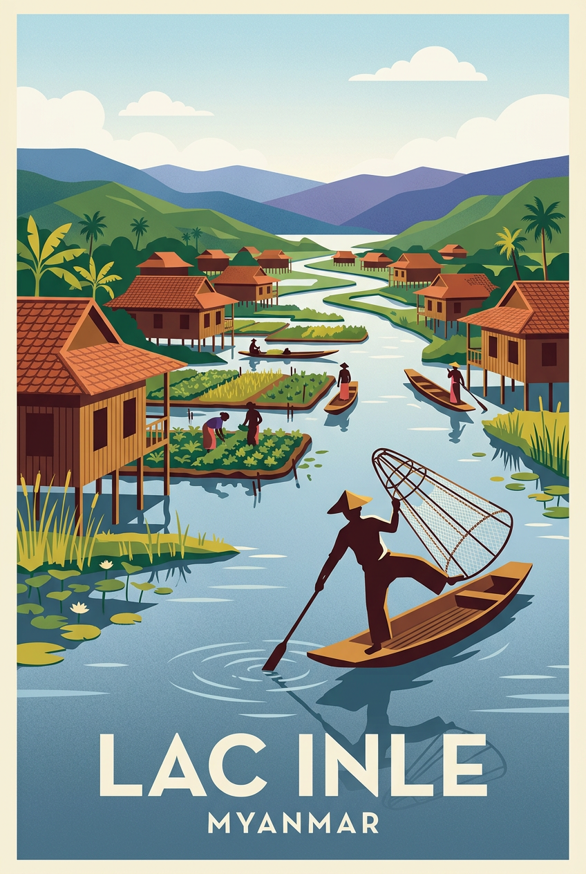 Affiche du Lac Inle, pêcheur traditionnel | Afich