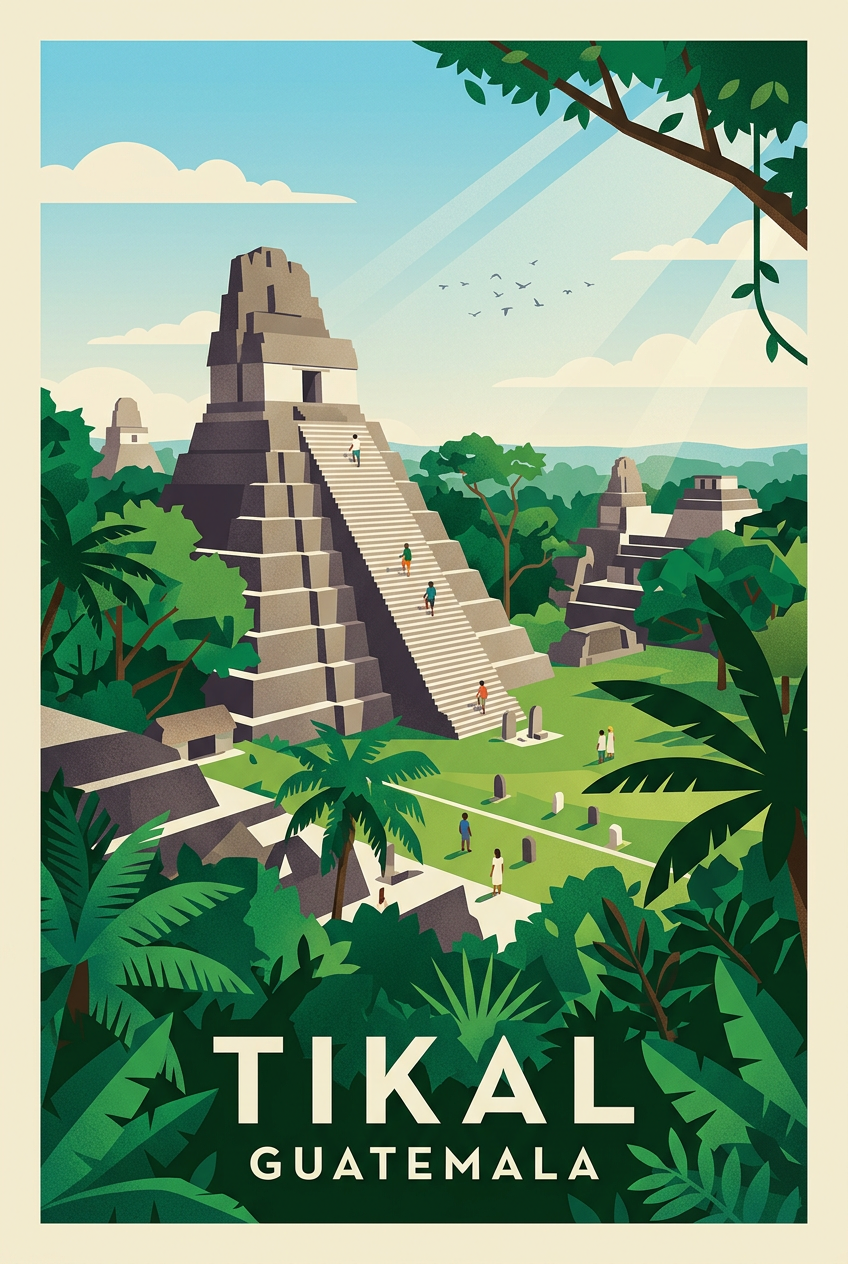 Affiche de Tikal, poster temple maya du Guatemala