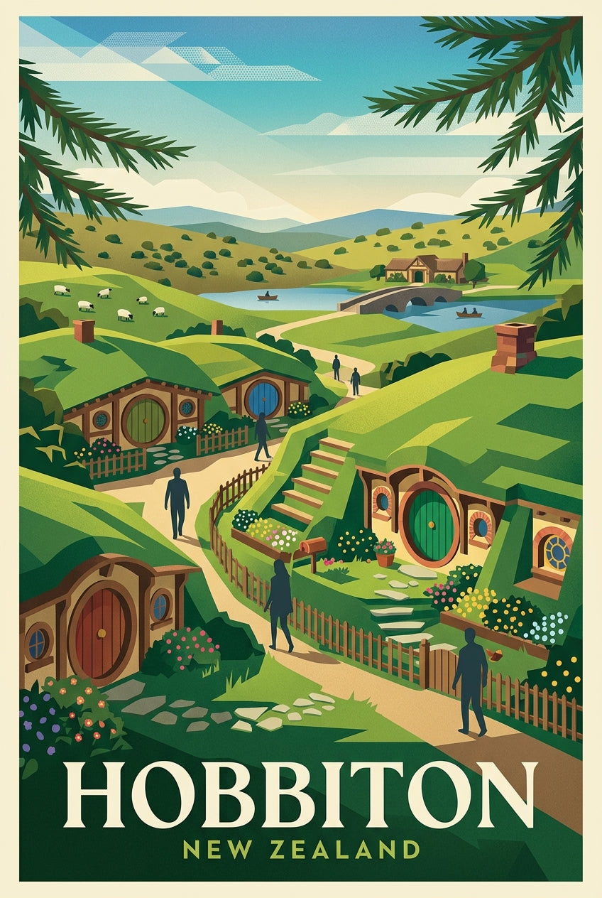 Affiche de Hobbiton, poster maisons de hobbit | Afich