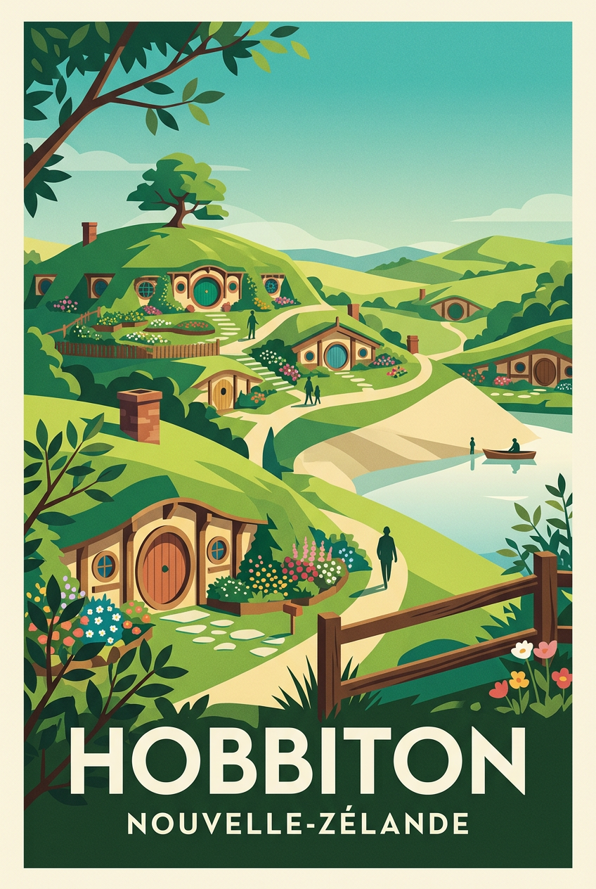 Affiche de Hobbiton, poster maisons de hobbit | Afich