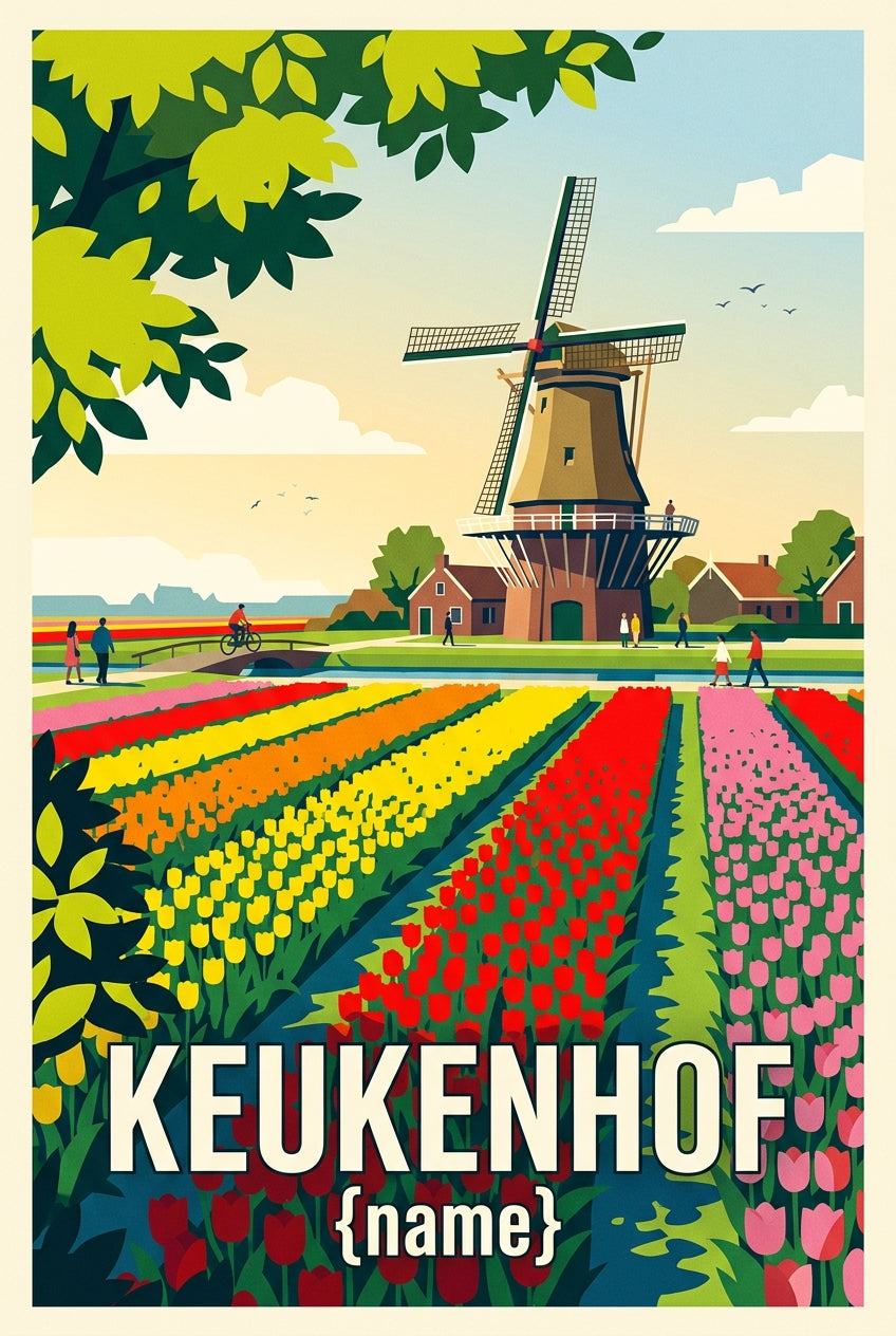 Affiche Keukenhof, moulin et champs de tulipes | Afich