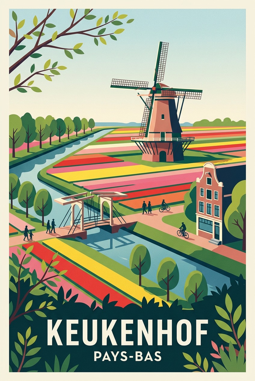 Affiche Keukenhof, moulin et champs de tulipes | Afich