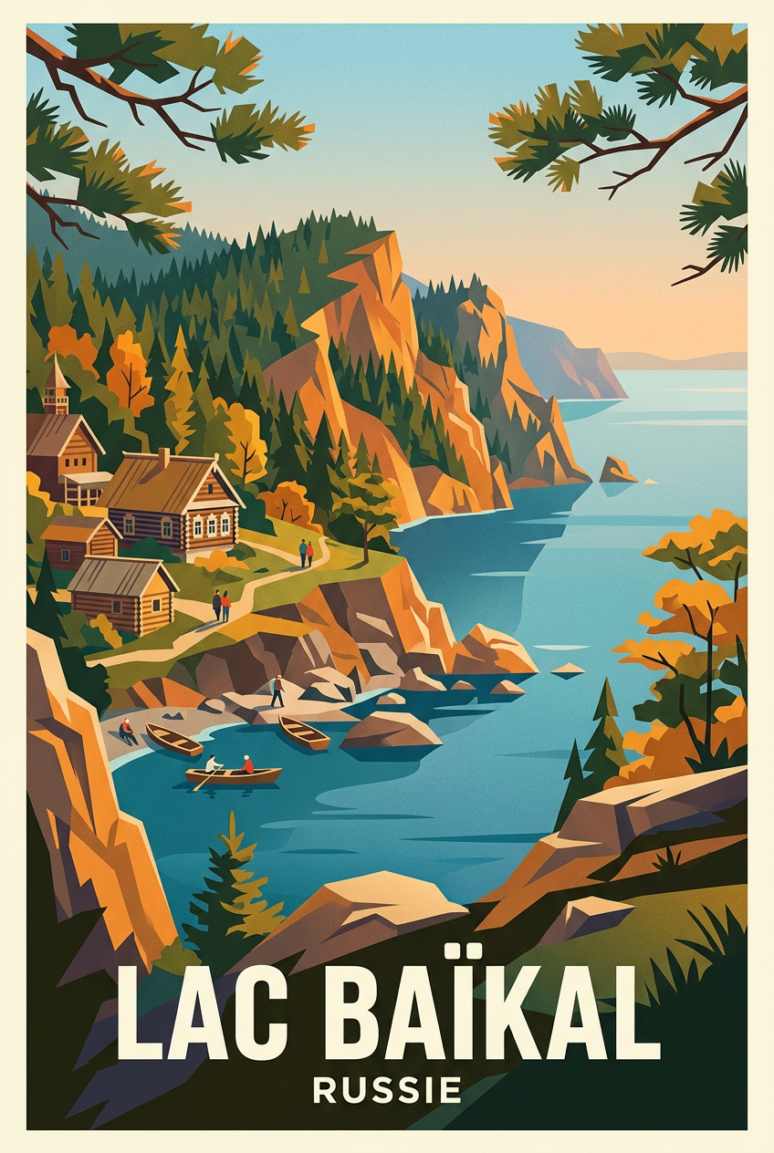 Affiche du Lac Baïkal, poster chalets bois | Afich
