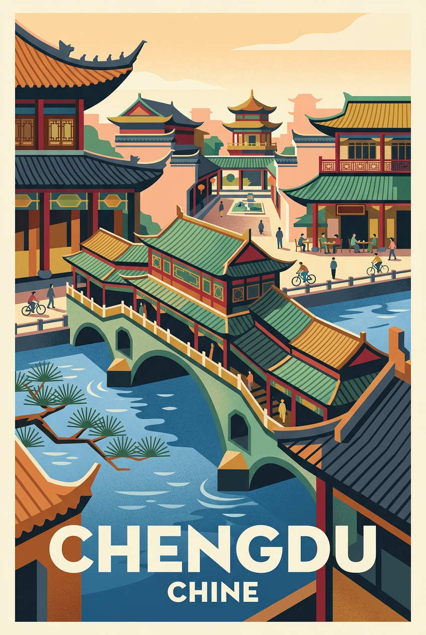 Poster de Chengdu, affiche pont traditionnel | Afich