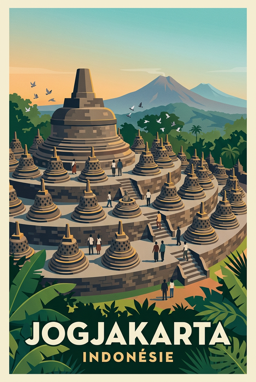 Affiche de Jogjakarta, poster temple de Borobudur
