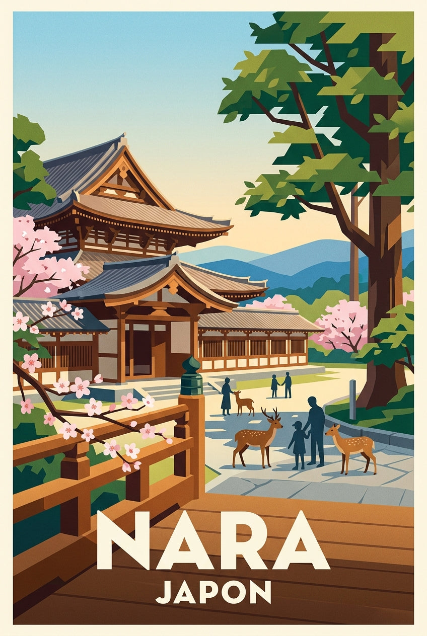 Poster de Nara, illustration Japon cerisiers | Afich