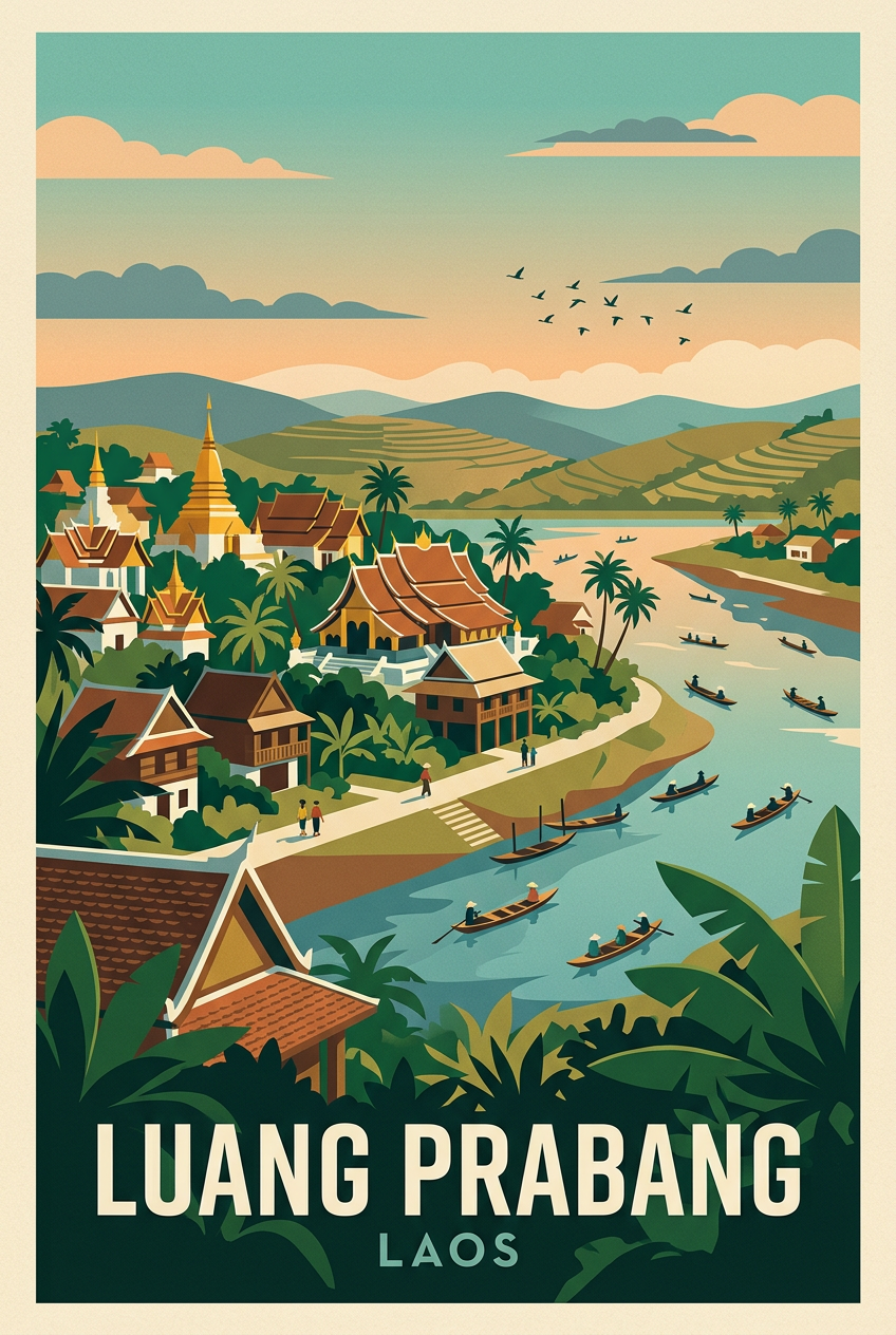 Affiche Luang Prabang, temple et fleuve Mékong