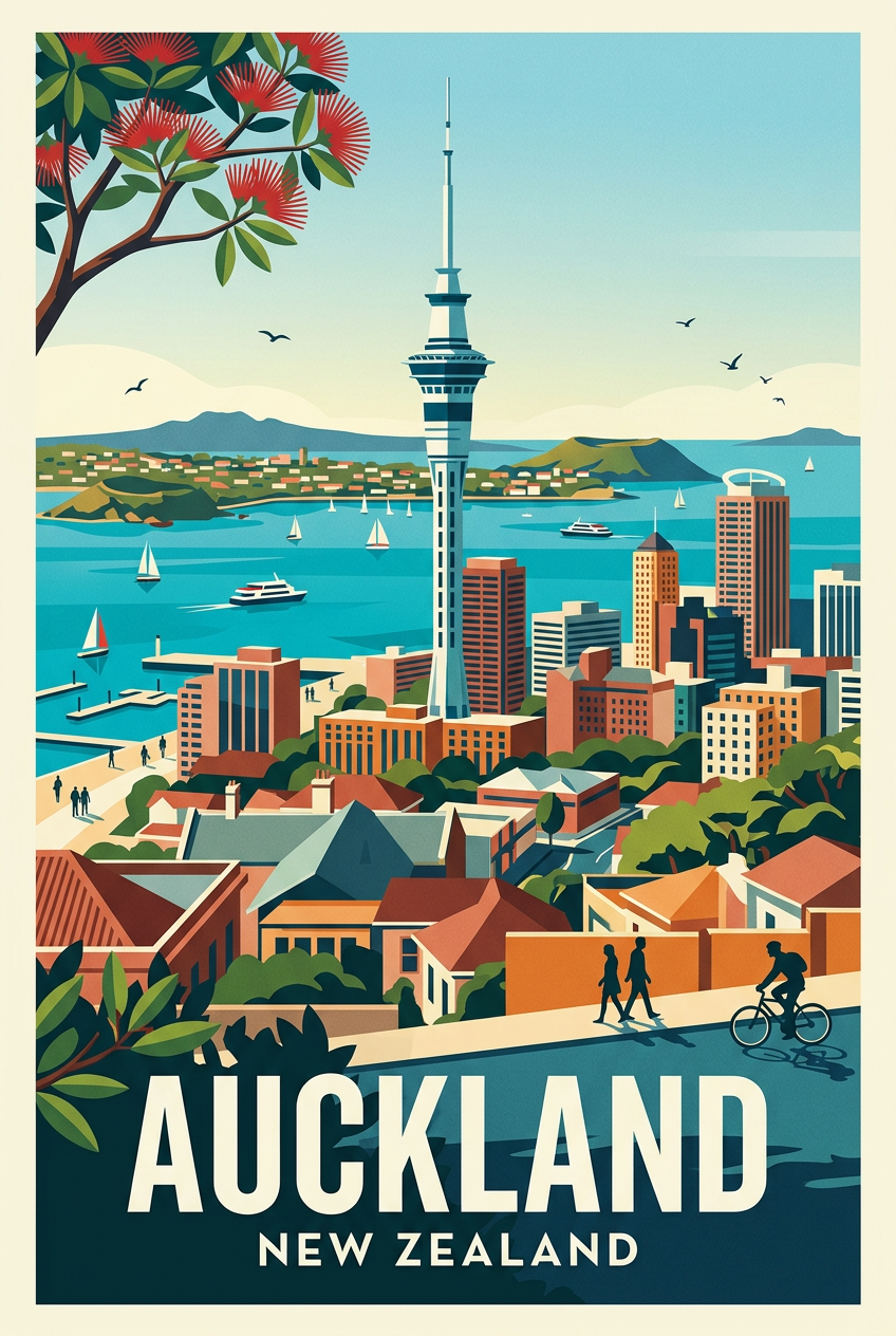 Affiche d'Auckland, la Sky Tower et la baie | Afich
