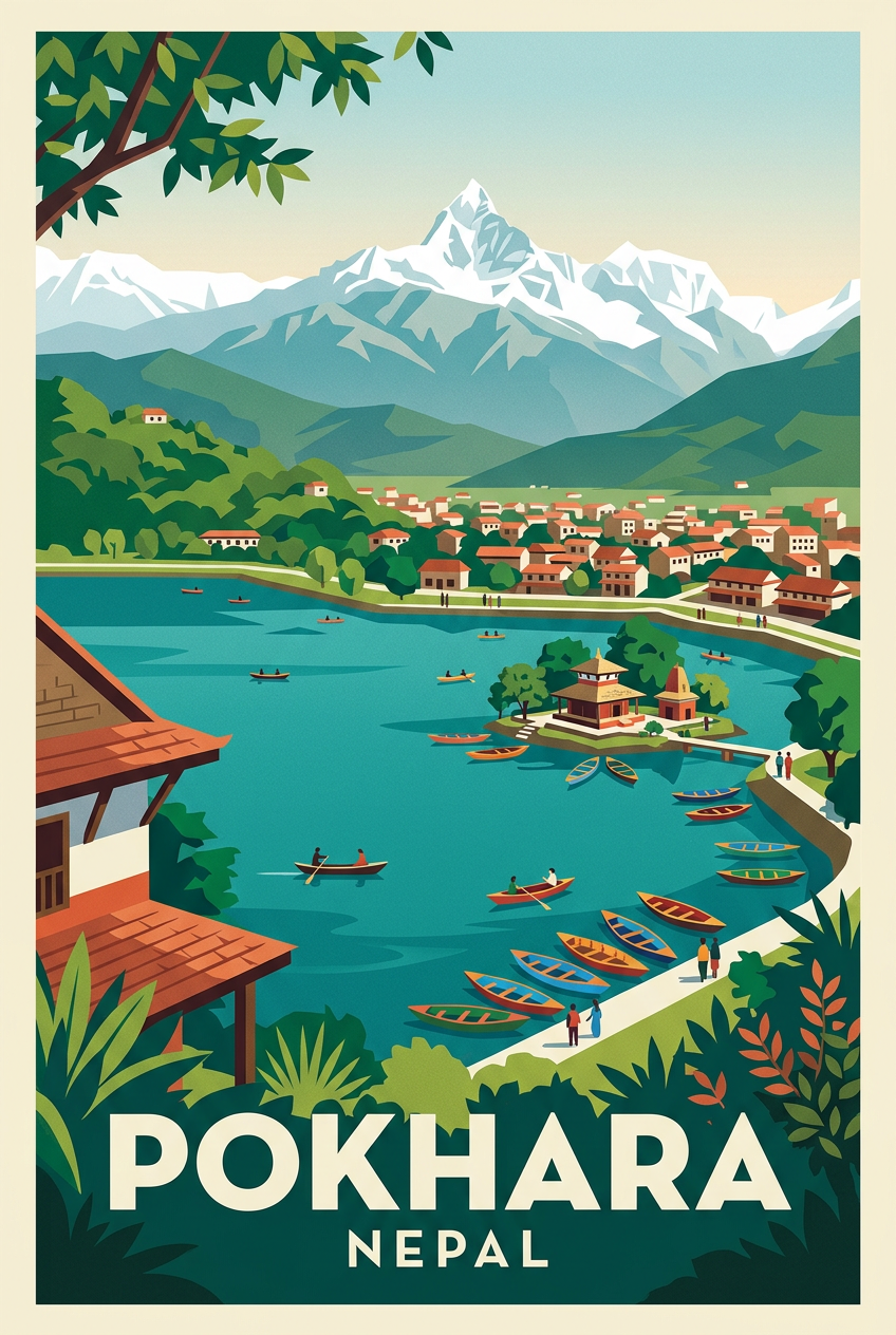 Poster de Pokhara, affiche lac et montagnes | Afich