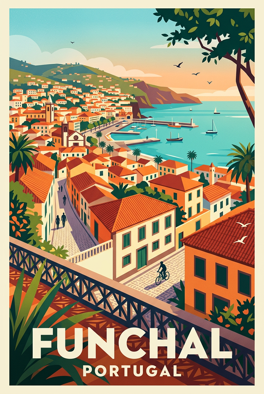 Affiche de Funchal, port et falaises de Madère