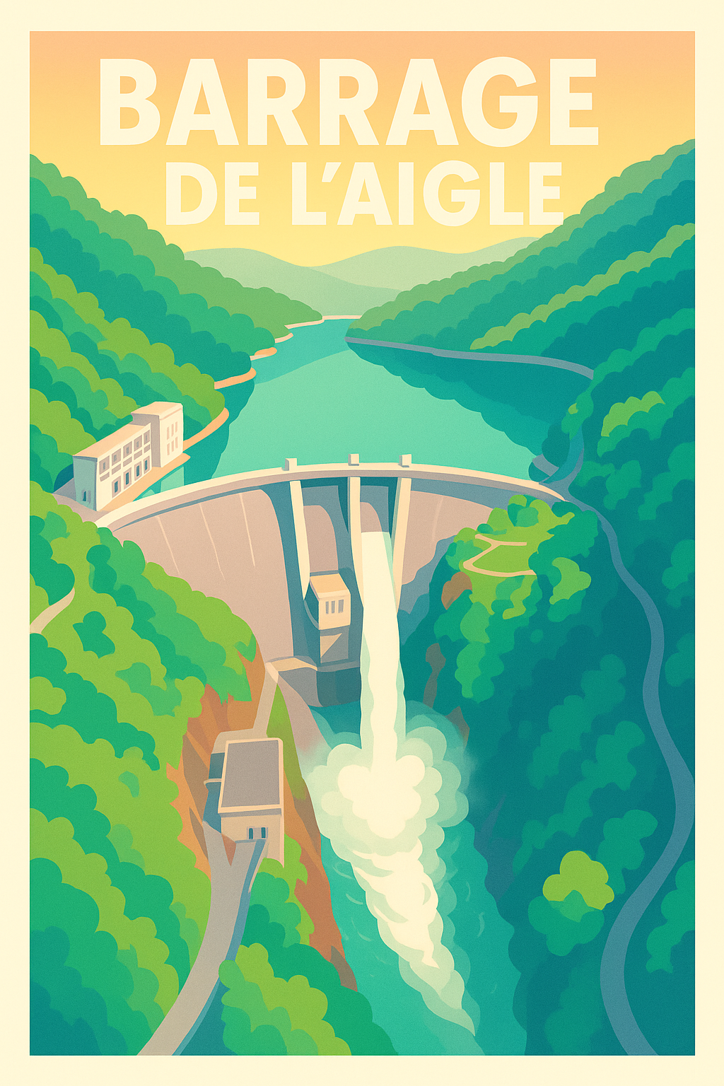 Affiche de Barrage de l'Aigle - Le géant de la Dordogne en illustration vintage