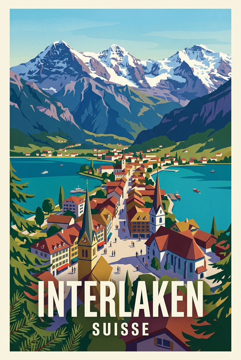 Affiche d'Interlaken, poster chalets de Suisse | Afich