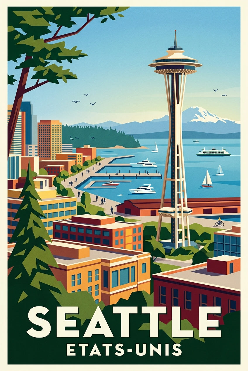 Affiche de Seattle, Space Needle et mont Rainier