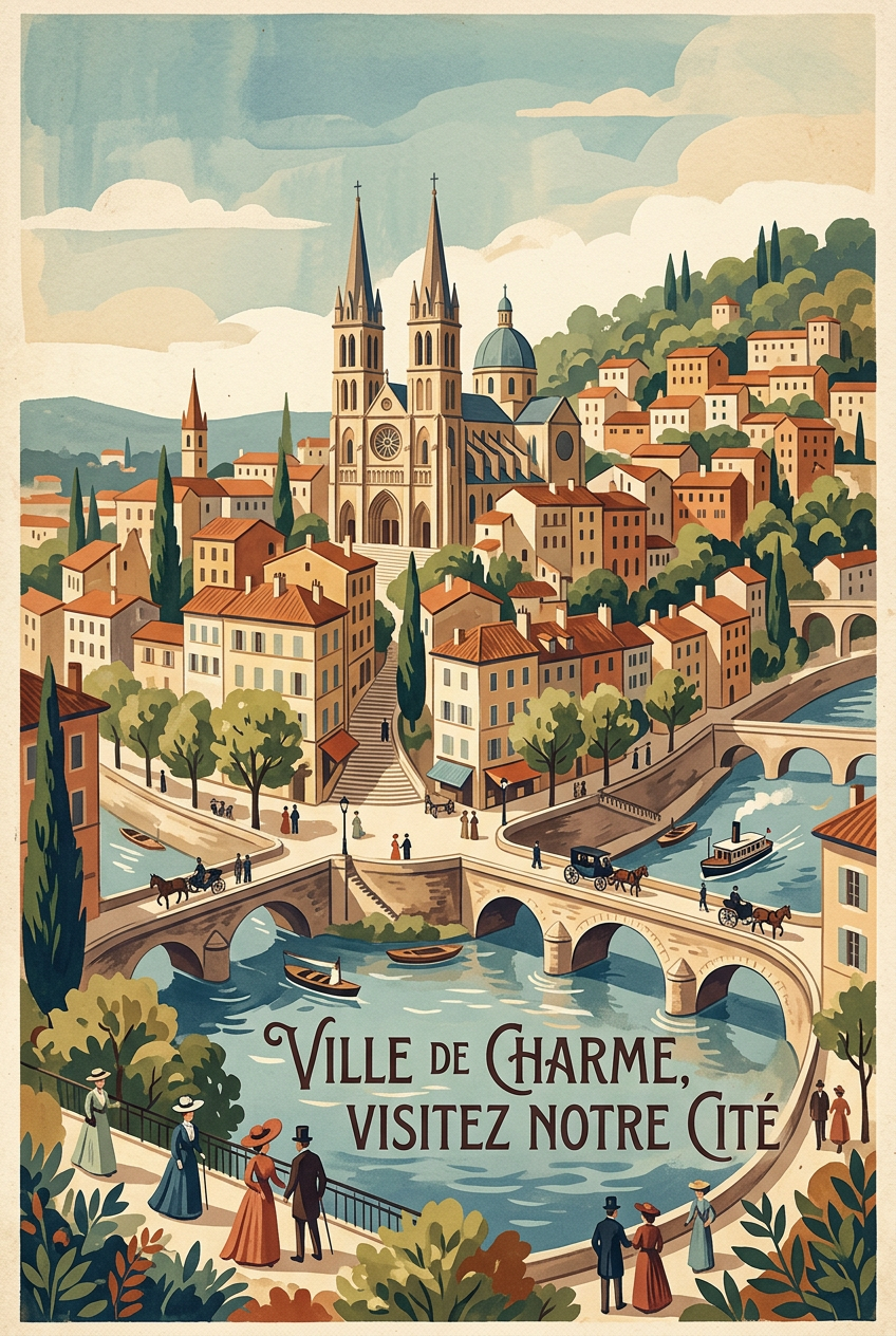 Affiche Ville de Charme, poster ponts et cathédrale