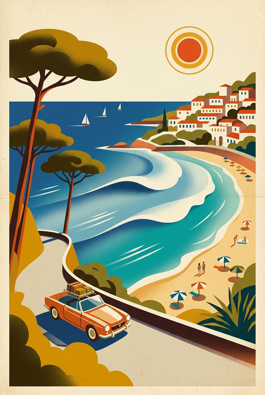 Affiche de la Côte d'Azur, voiture décapotable | Afich