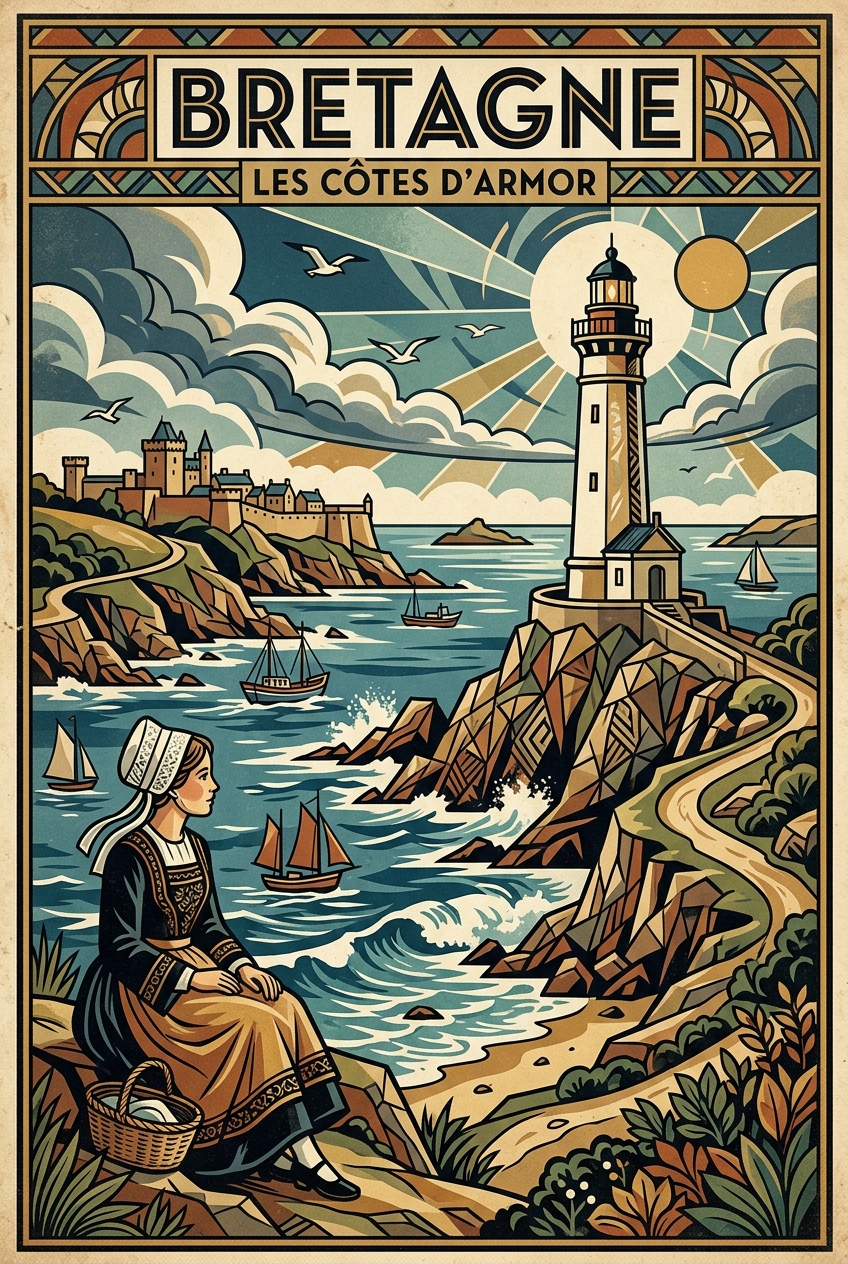 Affiche des Côtes d'Armor, phare et mer | Afich
