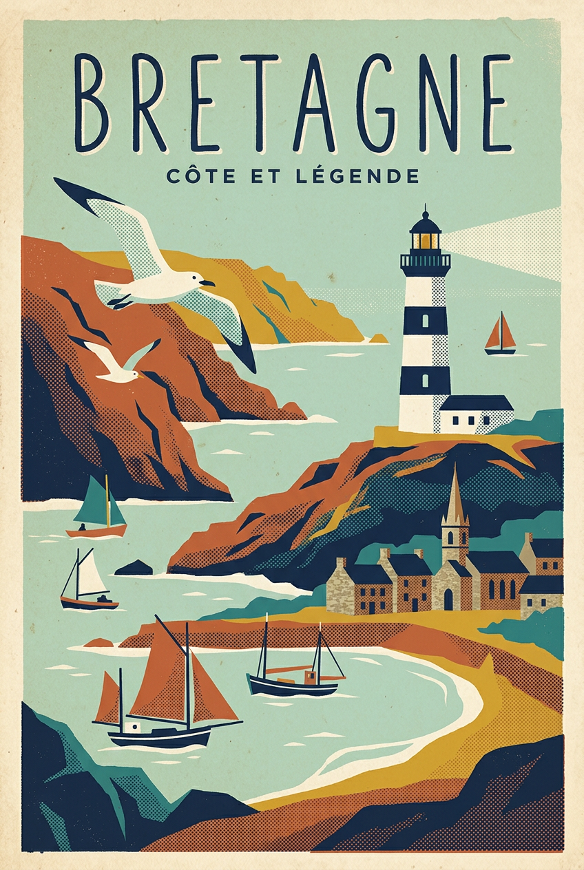 Affiche de Bretagne, phare et côte vintage | Afich