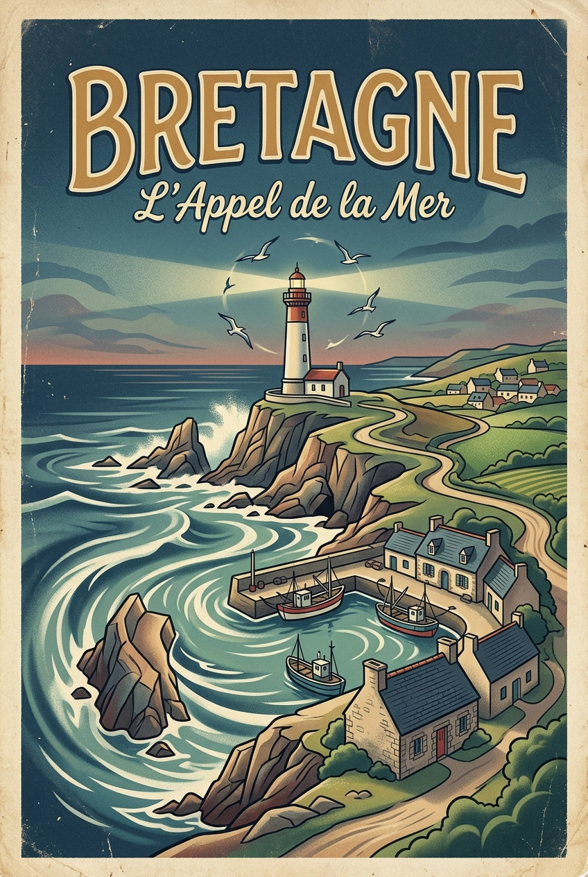 Affiche de Bretagne vintage, poster phare et mer