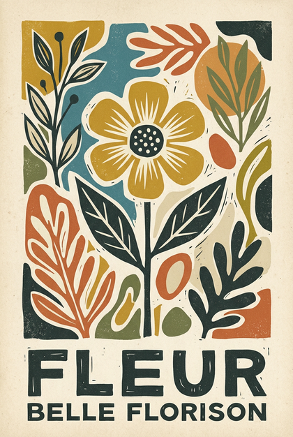 Affiche fleur vintage, poster style lino | Afich