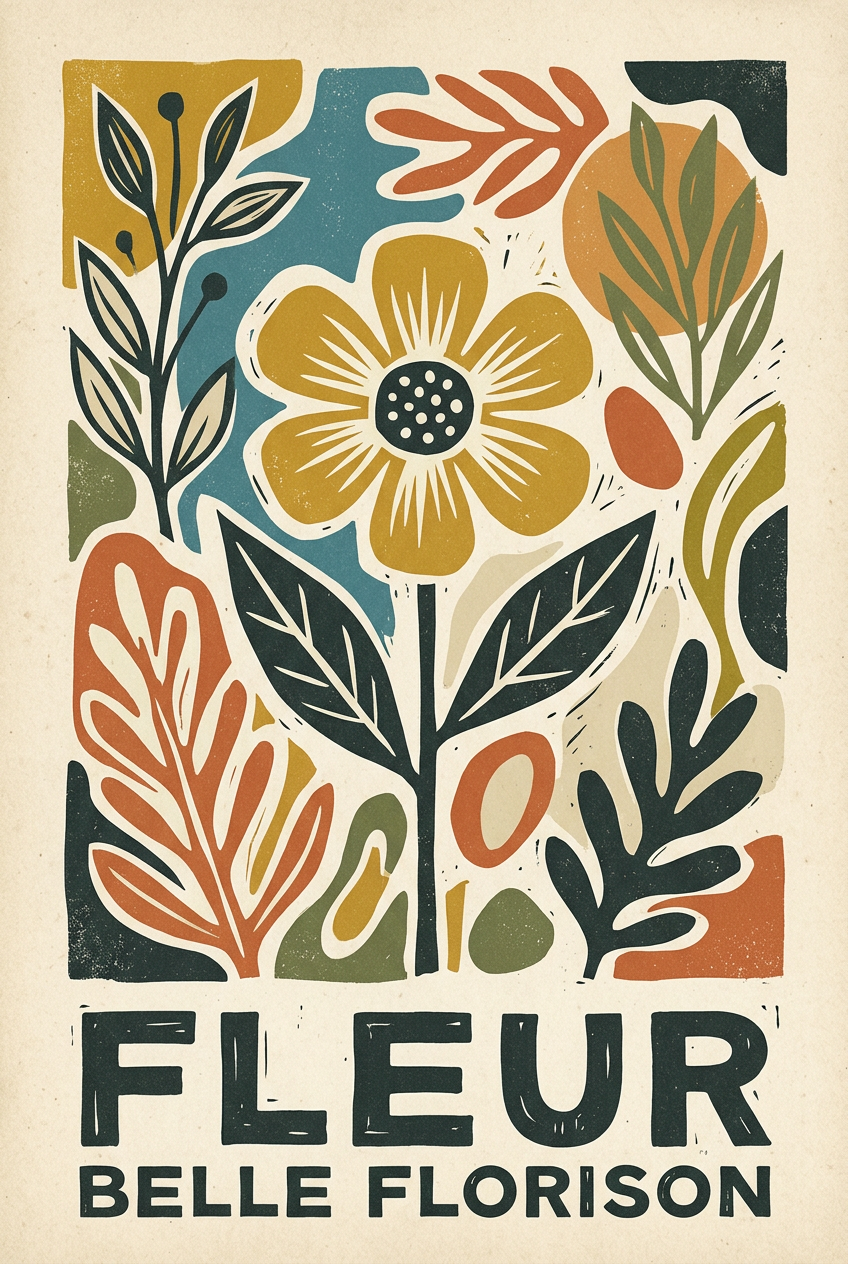 Affiche fleur vintage, poster style lino | Afich