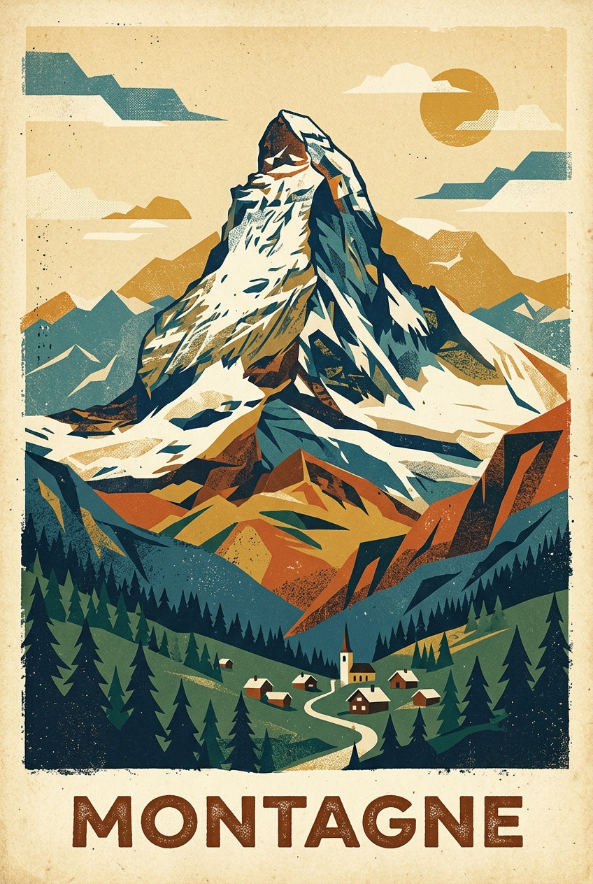 Poster de montagne vintage, sommet enneigé | Afich