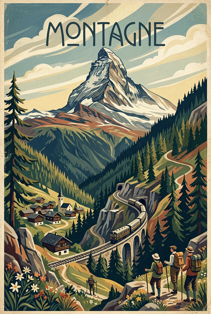 Affiche de montagne vintage, poster train alpin | Afich