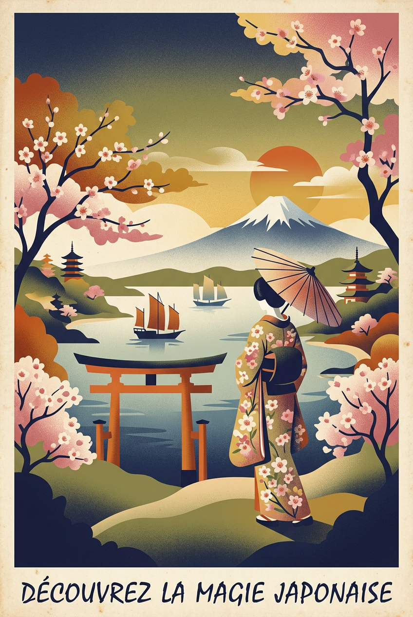 Affiche Japon vintage, Mont Fuji et cerisiers | Afich