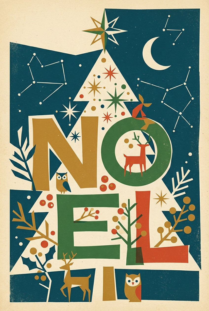 Affiche de Noël vintage, sapin et décor hivernal | Afich
