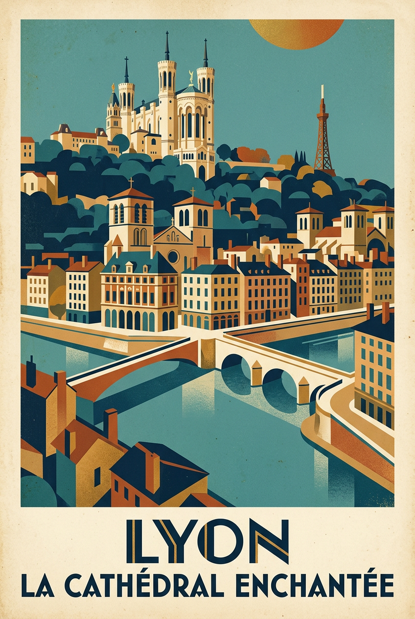 Affiche Lyon vintage, poster la cathédrale | Afich