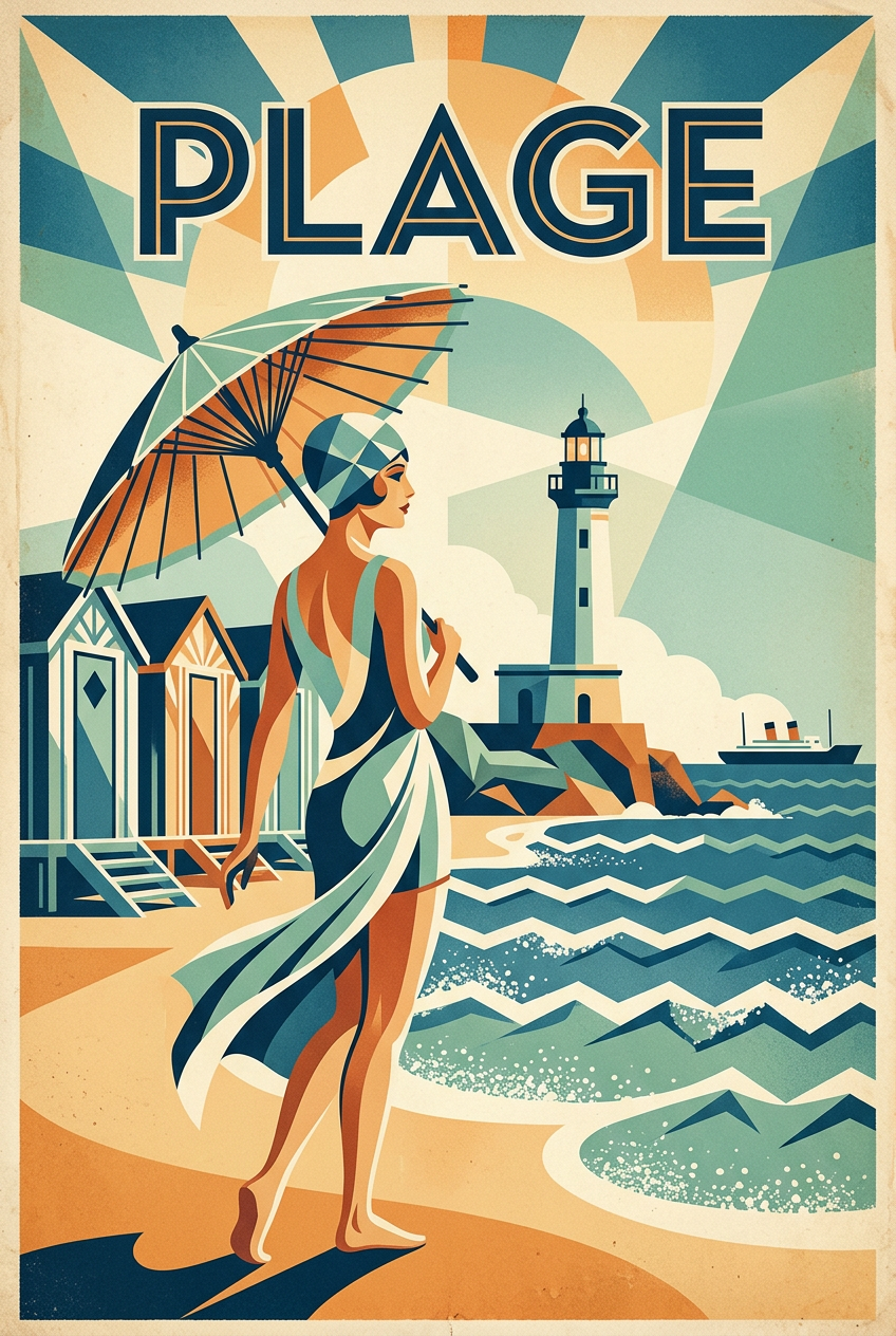 Affiche Plage vintage, style Art Déco | Afich