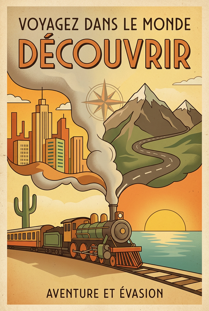 Affiche voyage vintage, décor train et montagne | Afich