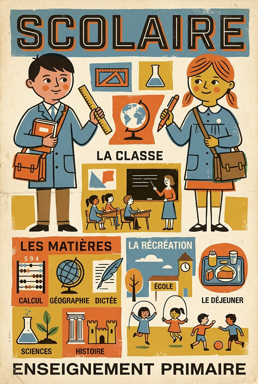 Poster d'école vintage, enseignement primaire | Afich
