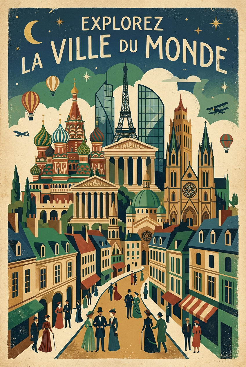 Affiche de la Ville du Monde, monuments vintage | Afich