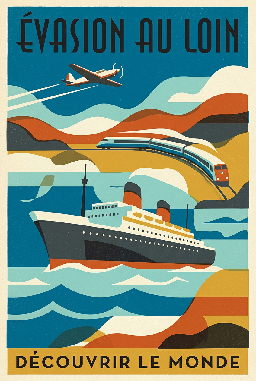 Affiche voyage vintage, paquebot et avion | Afich