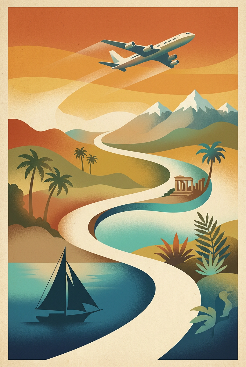 Affiche voyage vintage, poster avion et montagnes | Afich