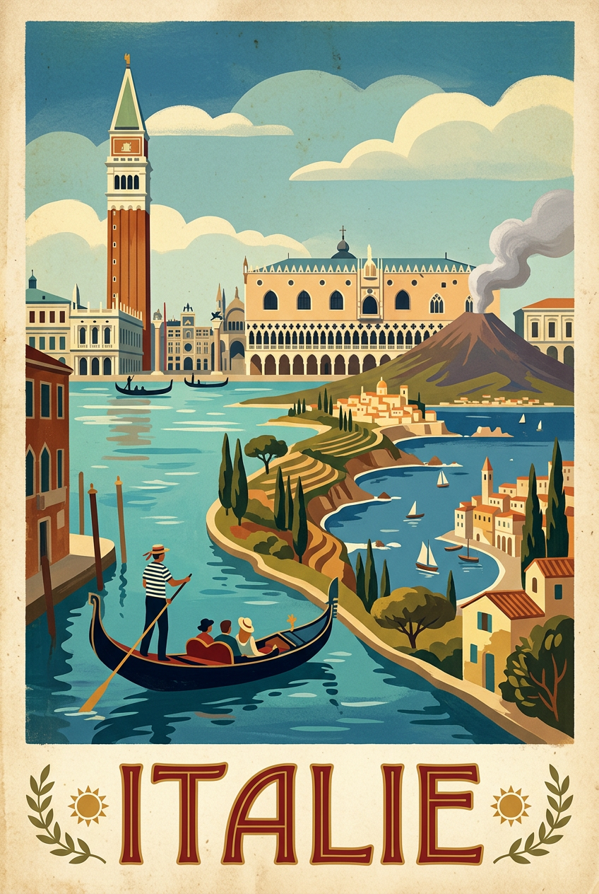 Affiche d'Italie vintage, poster Venise et Vésuve | Afich