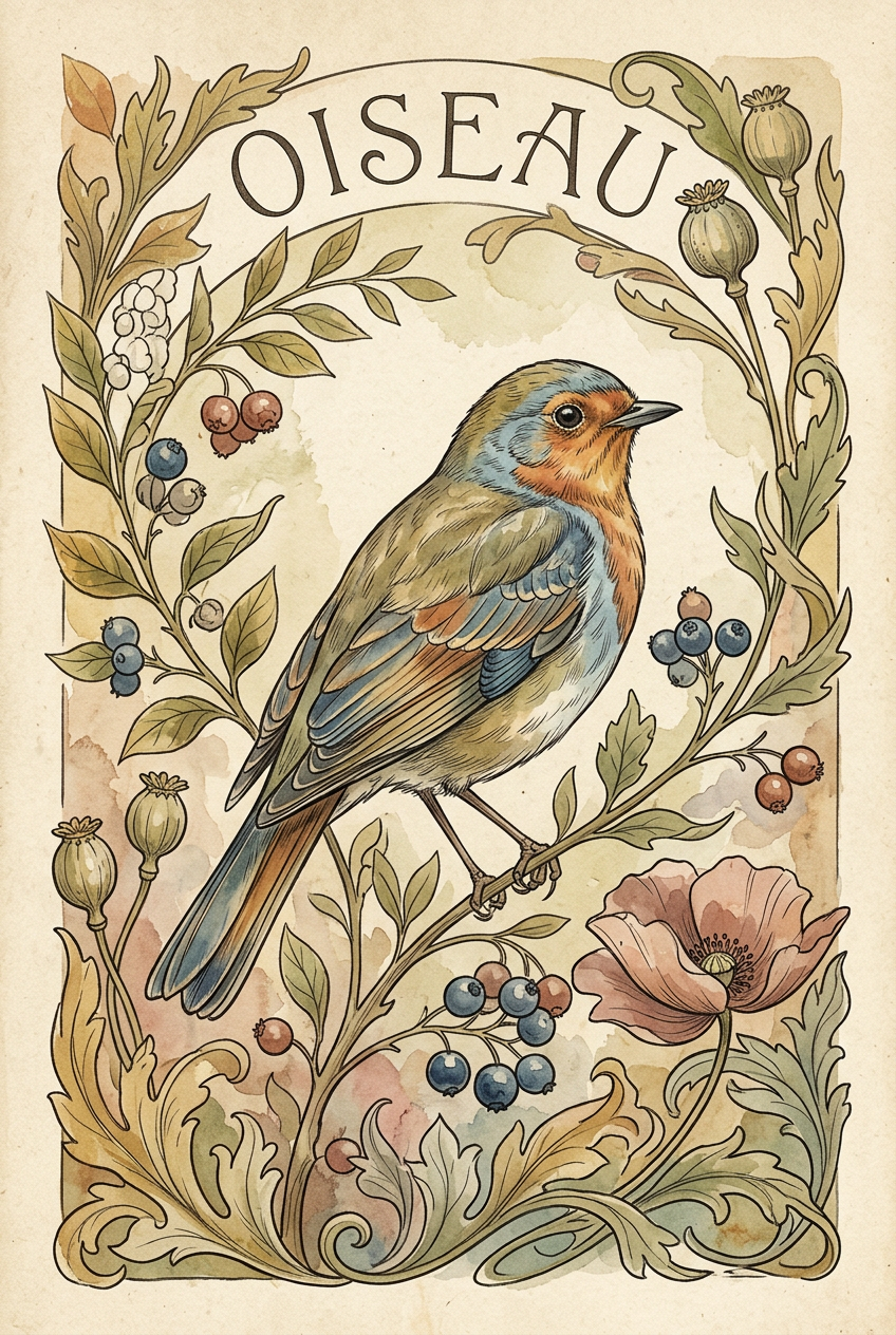 Affiche d'oiseau vintage, décor botanique | Afich