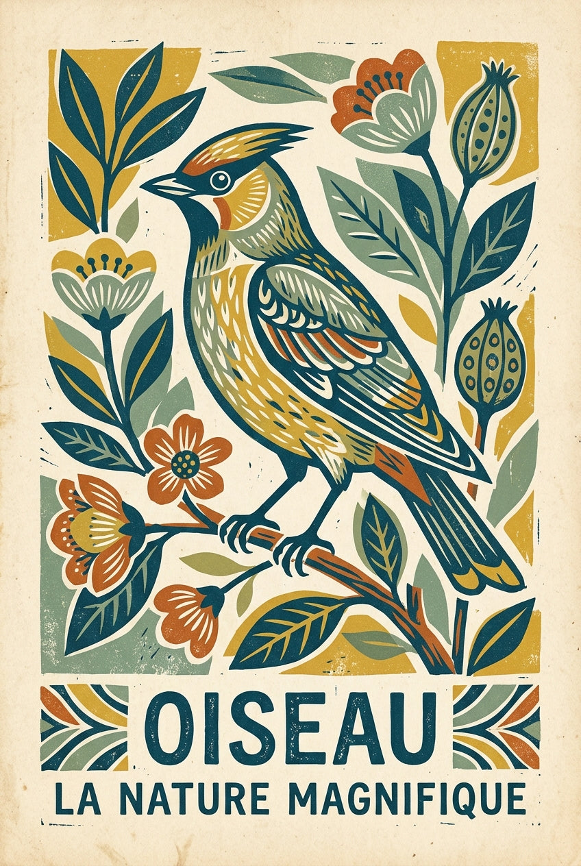Affiche d'oiseau vintage, style linogravure | Afich