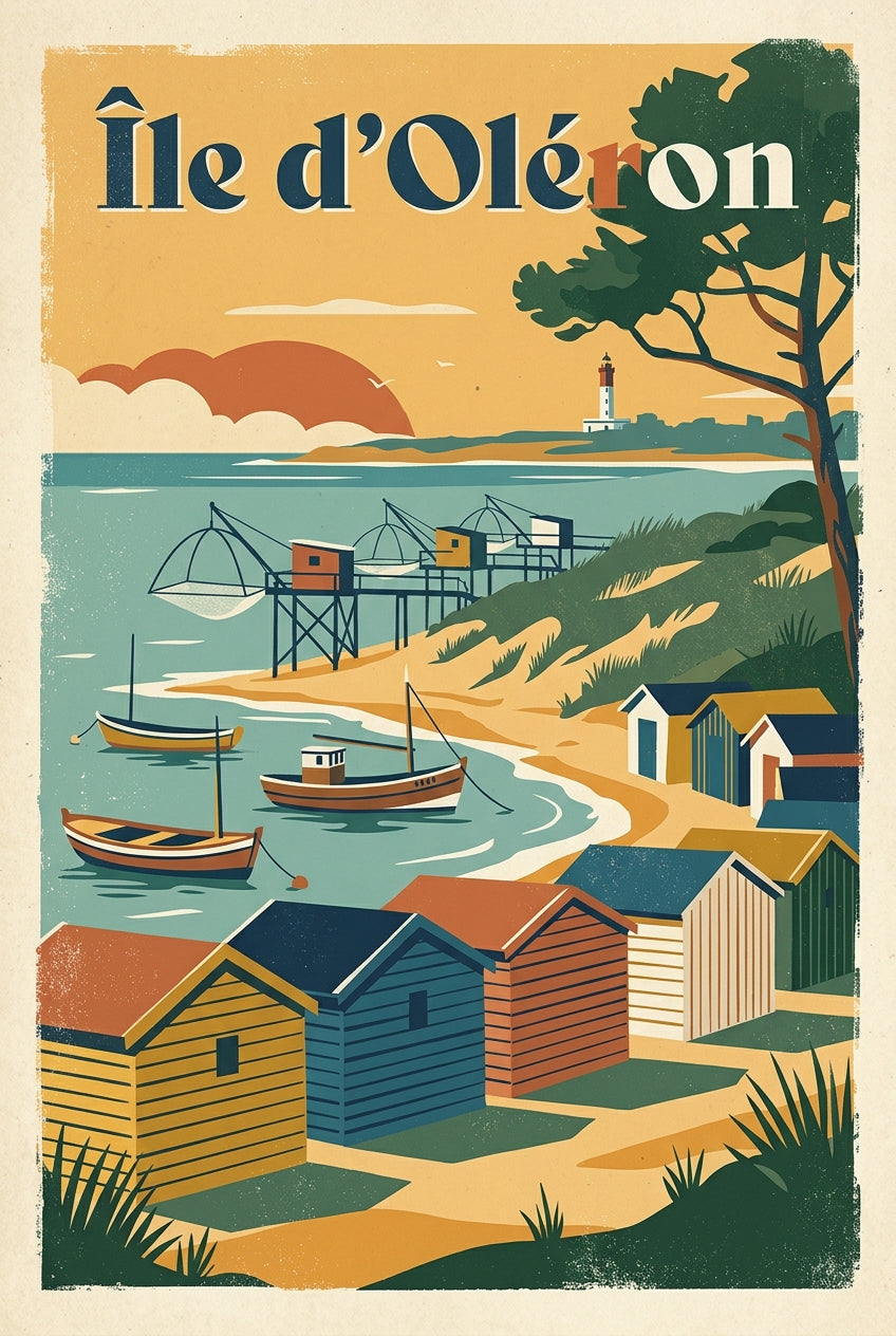 Affiche d'Oléron, cabanes colorées vintage | Afich