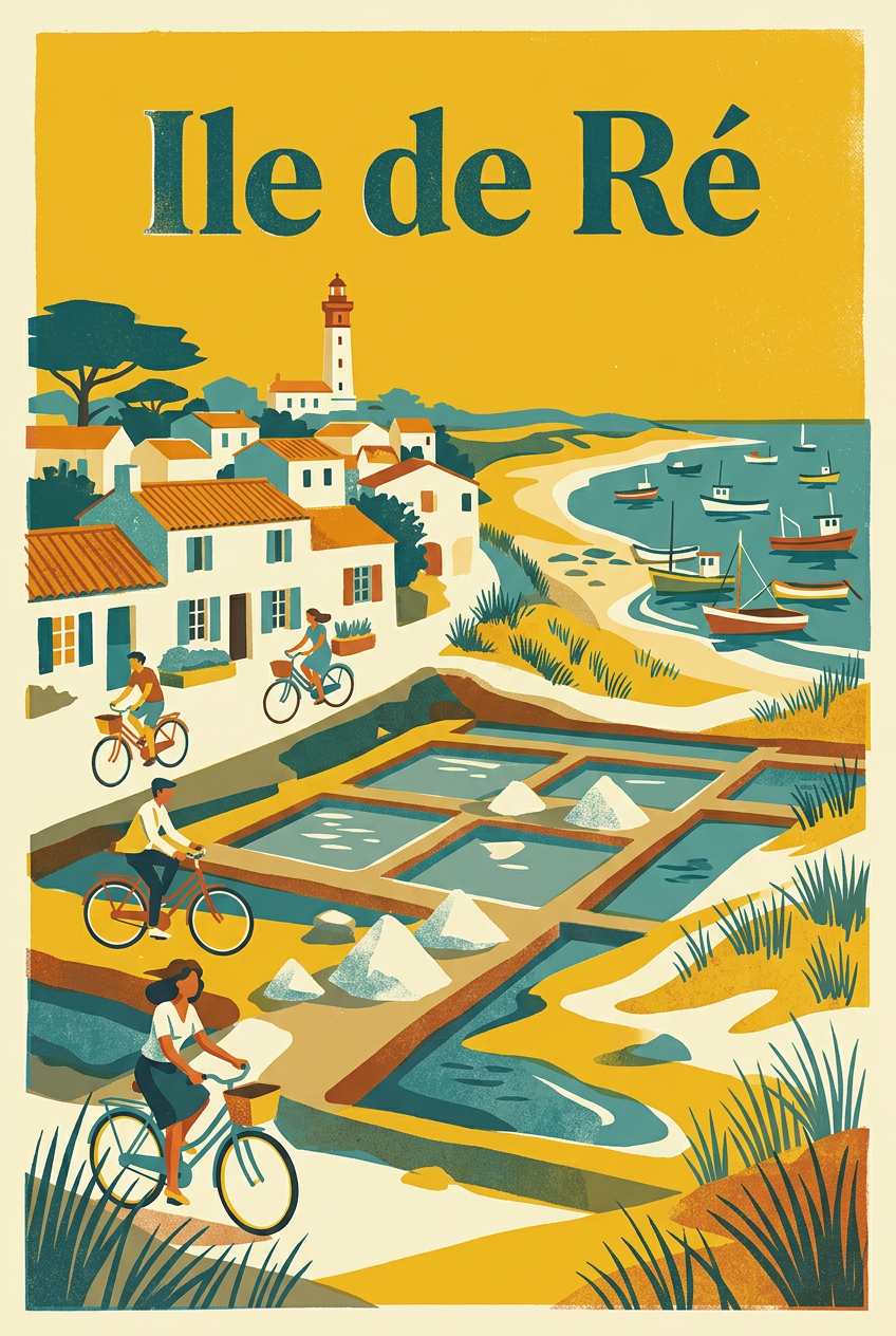 Affiche Ile de Ré, poster vintage avec cyclistes | Afich
