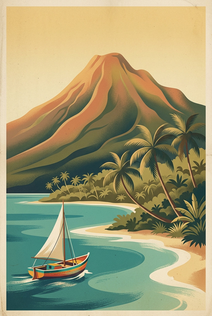 Affiche d'île tropicale, décor volcan vintage