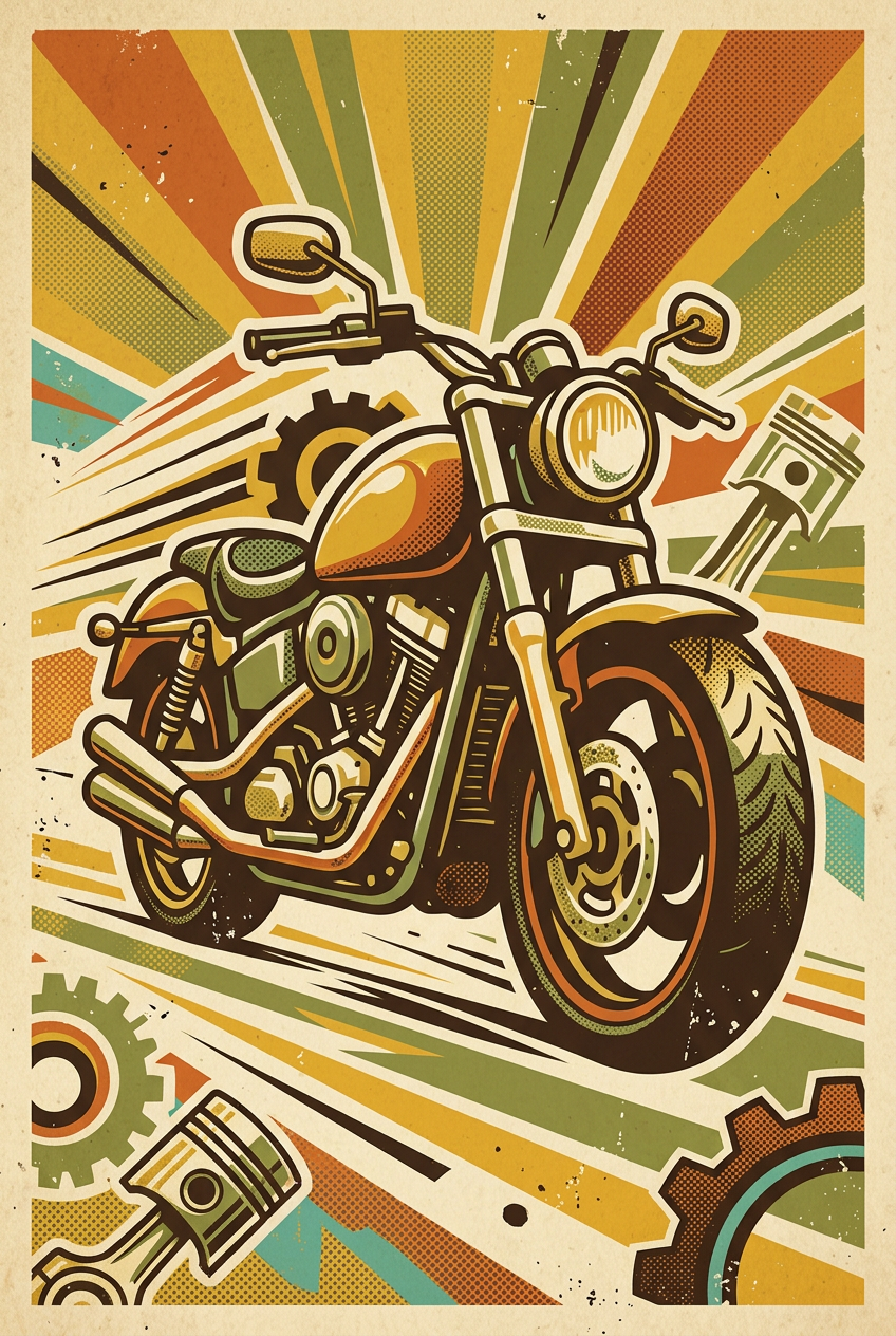 Affiche moto vintage, style rétro mécanique