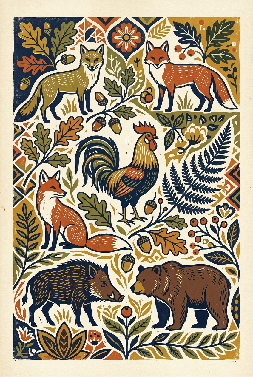 Affiche Animaux de la forêt, style linogravure | Afich