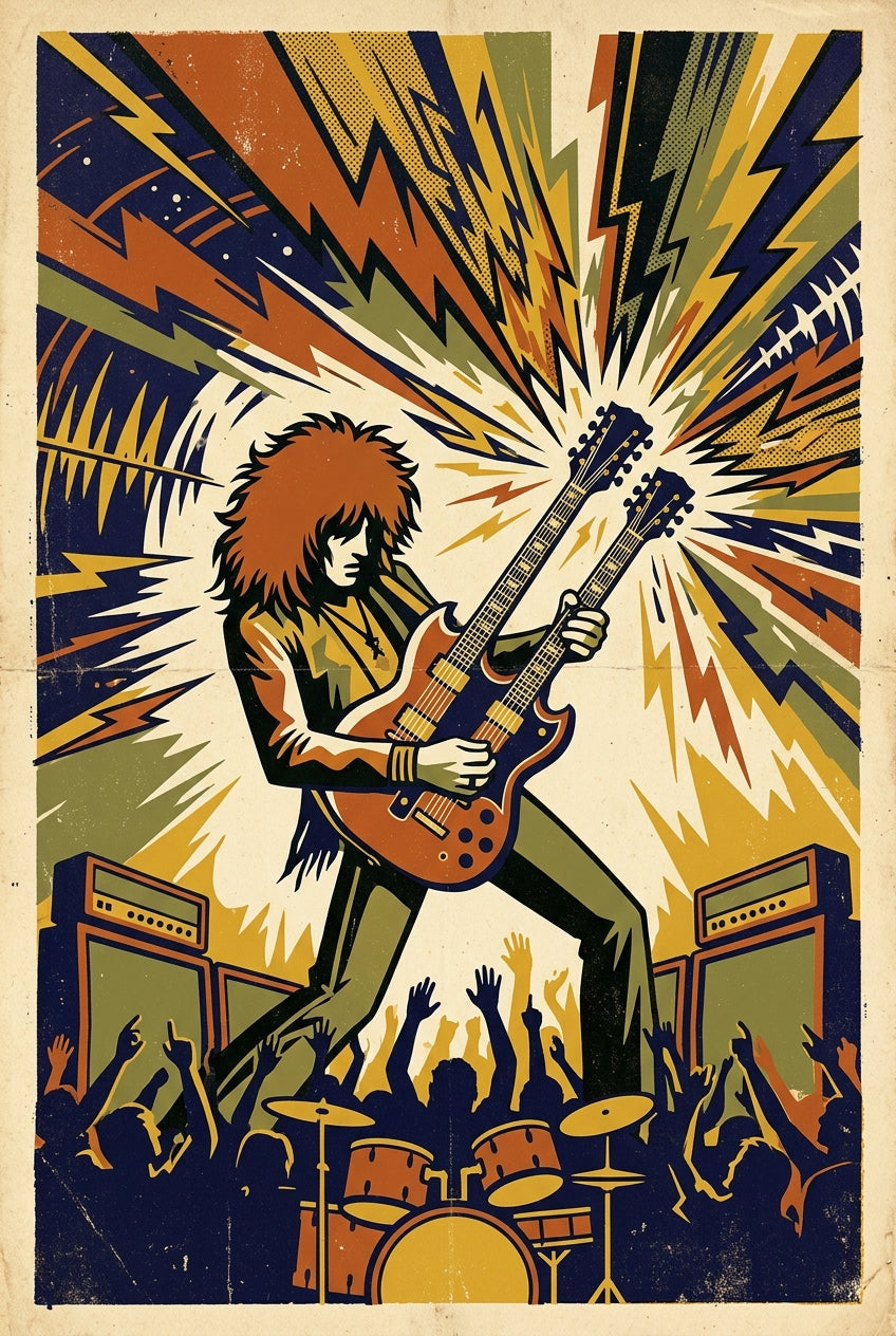 Affiche Rock vintage, poster guitare double manche
